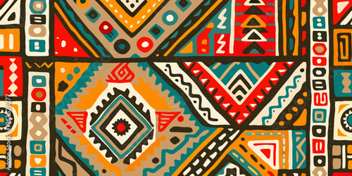 A vibrant colorful seamless pattern with geometric and tribal motifs