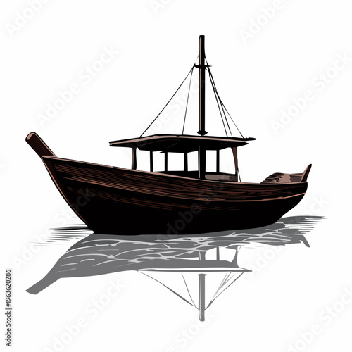 Traditional Wooden Boat with Mast and Reflection.