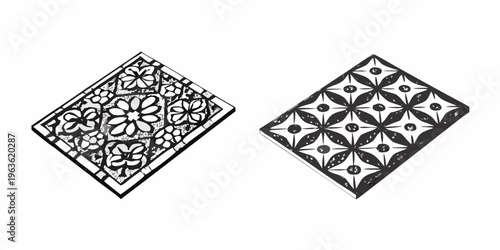 Two ornate diamond shaped designs in black and white side by side