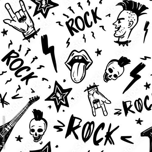 Rock n Roll, hard rock, seamless pattern. Black-white print for textiles, backgrounds, printing. Grunge style, vector illustration.