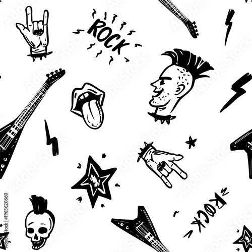 Rock n Roll, hard rock, seamless pattern. Black-white print for textiles, backgrounds, printing. Grunge style, vector illustration.