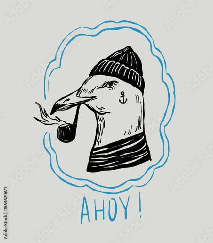 Seagull with a smoking pipe in a sailor suit.  Hand drawn sketch vector illustration
