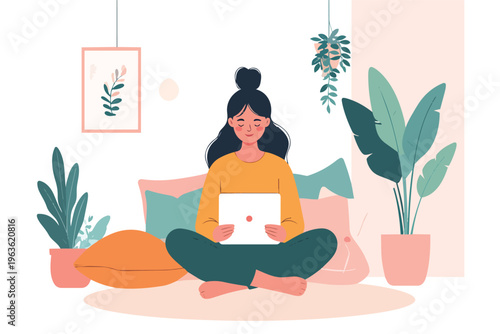 Female freelancer working remotely on tablet in a cozy living room with plants flat vector