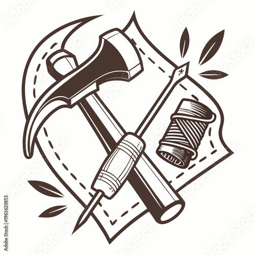 Vintage handcraft tools emblem with hammer, awl & thread spool, carpenter hammer