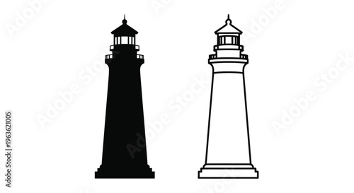 Two lighthouse designs one solid black and one outlined silhouette