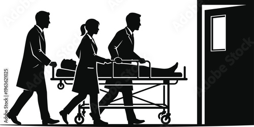 Silhouette of Medical Team Pushing Patient on Stretcher Gurney Toward Hospital Emergency Room Door for Urgent Healthcare Rescue and Intensive Care Unit Treatment