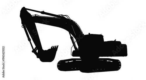 Black silhouette of a construction excavator machine against a white background