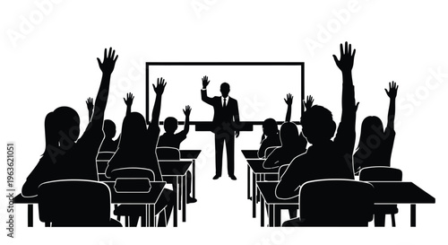 Classroom scene with students raising hands and a teacher silhouette