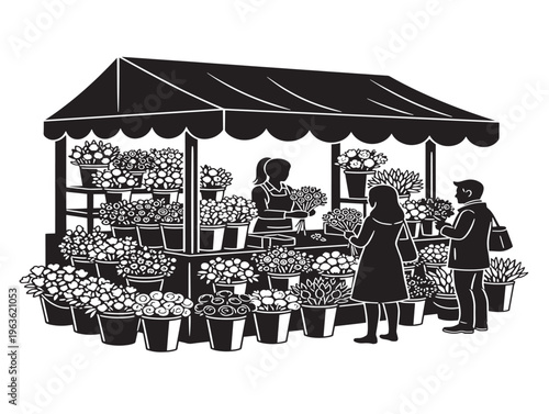 Whimsical floral market stall silhouette for bustling flower shop scenes