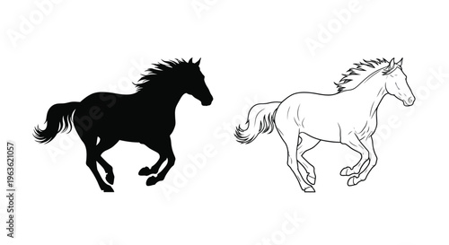 Running horse illustration with a stark black silhouette