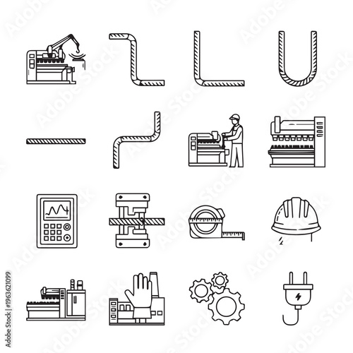 Metal Fabrication Process Icons: Bending Cutting Machinery Safety Gear Measurement Tools Engineering