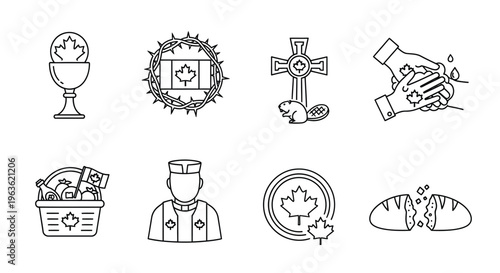 Canadian religious symbols and icons in a minimalistic line art style