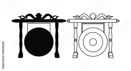 Two depictions of a traditional gong with ornate stand silhouette