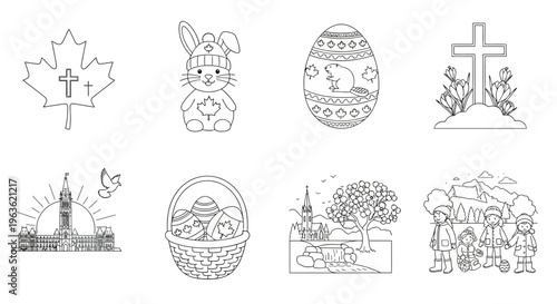Line art illustrations depicting canadian and easter themed imagery high quality