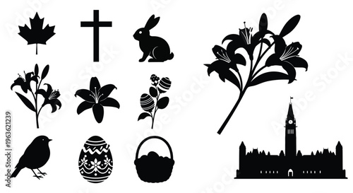 Black silhouettes of canadian symbols easter elements and floral designs