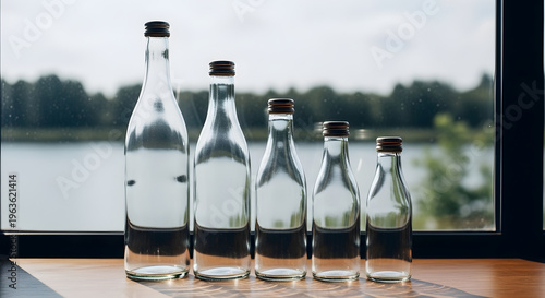 Four glass bottles on a wooden table by a lake