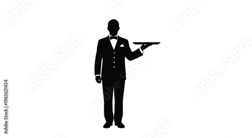 A formal waiter presents an empty tray a striking black silhouette