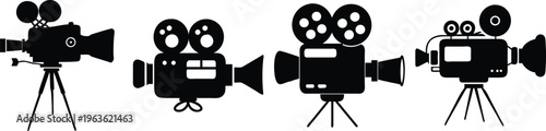 set of vintage and modern movie cameras flat design vector illustration