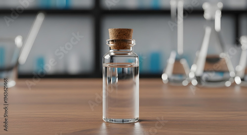 A small glass vial on a laboratory table with various equipment