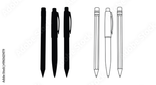 Black and white illustration of pens featuring a dark silhouette