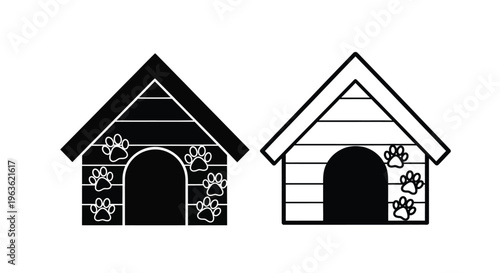 Two dog houses one dark and one light in graphic silhouette