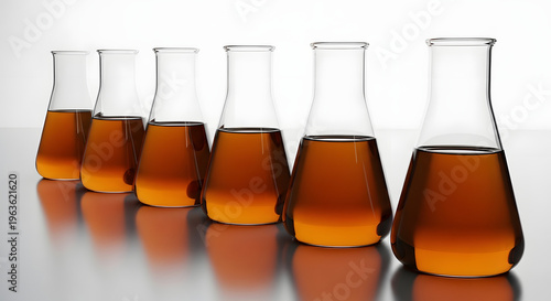 Six identical glass bottles filled with brown liquid