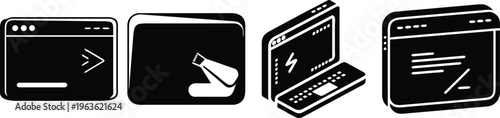 set of digital device icons with terminal prompts flat design vector illustration