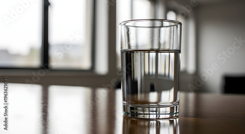 A glass of water on a table by a window