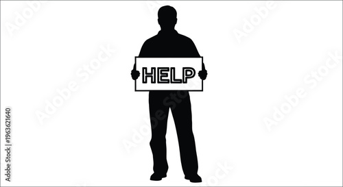 A person holding a sign reading help in a dark silhouette