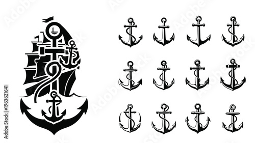 Nautical themed designs featuring ships and anchors in black silhouette