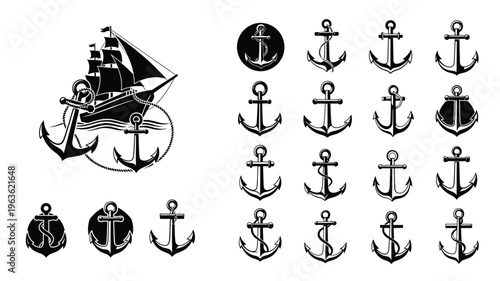 Vintage nautical collection featuring a ship and various anchors silhouette