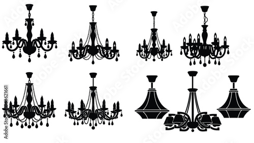 Collection of ornate chandeliers displayed in a dramatic black silhouette