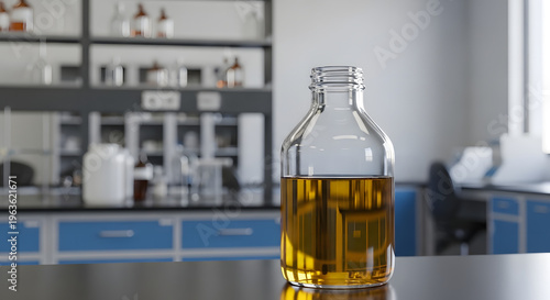 A bottle of golden liquid on a laboratory countertop