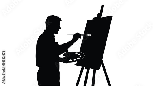 Artist painting at an easel a dramatic black silhouette