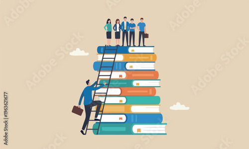 Business pillars teams together challenge and personal improvement, reading list concept, businessman climb up ladder on books stack for good vision