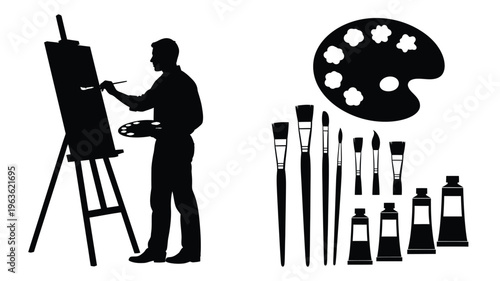 Artist painting at an easel with brushes and palette silhouette