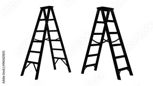 Two black ladders stand isolated against a white background silhouette