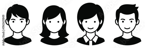 A group of four cartoon people with different hairstyles and expressions