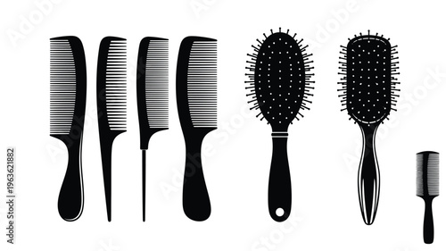 Assorted hair combs and brushes depicted in black silhouette