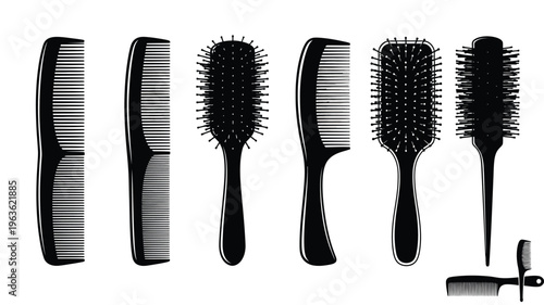 Various hair combs and brushes arranged in a striking silhouette