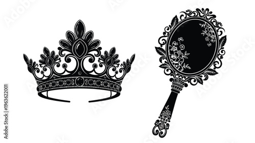 Elegant crown and ornate hand mirror in black a striking silhouette
