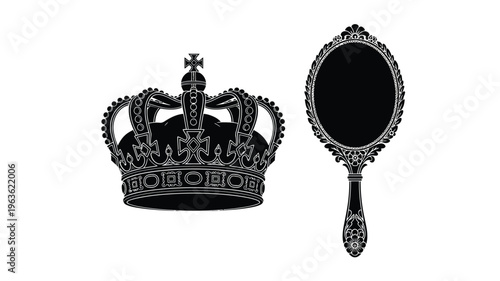 Regal objects including a crown and hand mirror in silhouette