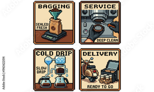 An illustration shows four icons representing coffee service options including bagging, deep cleaning, cold drip, and delivery.