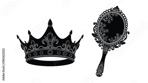 Ornate crown and hand mirror displayed as a dark silhouette