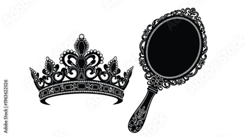 Ornate crown and hand mirror depicted in a striking black silhouette