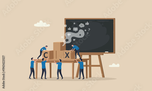 Customer industrial with blue team uniform building cube wooden block with acronym CX on table with blackboard, user review or feedback
