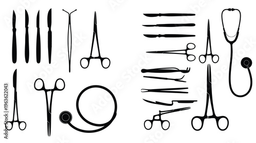 Collection of surgical instruments and medical tools in black silhouette