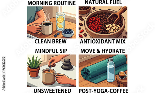 A serene morning scene with a person enjoying a mindful sip of clean brew coffee, surrounded by natural fuel antioxidant mix, post-yoga activities, and unsweetened treats on a tranquil morning routine