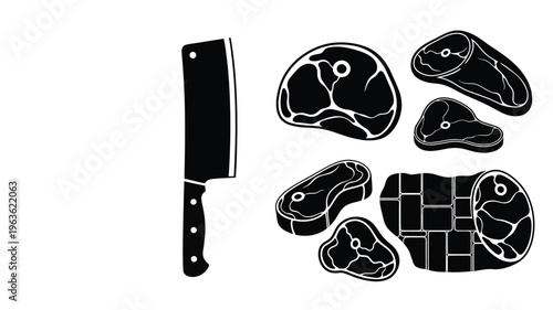Butcher shop tools and cuts of meat in black silhouette