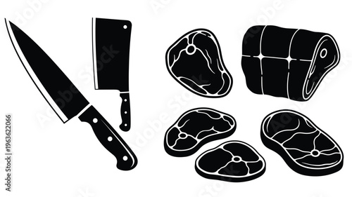 Butcher tools and cuts of meat presented in dark silhouette